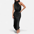 Women’s Satin Sleeveless Maxi Dress with Elongated Hemline 5