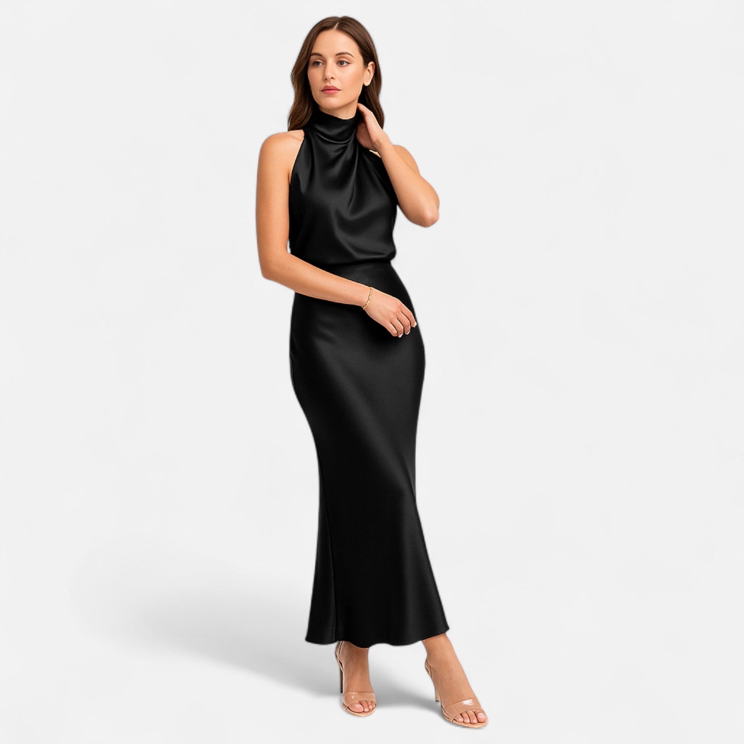 Women’s Satin Sleeveless Maxi Dress with Elongated Hemline 7