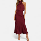 Women’s Satin Sleeveless Maxi Dress with Elongated Hemline 9