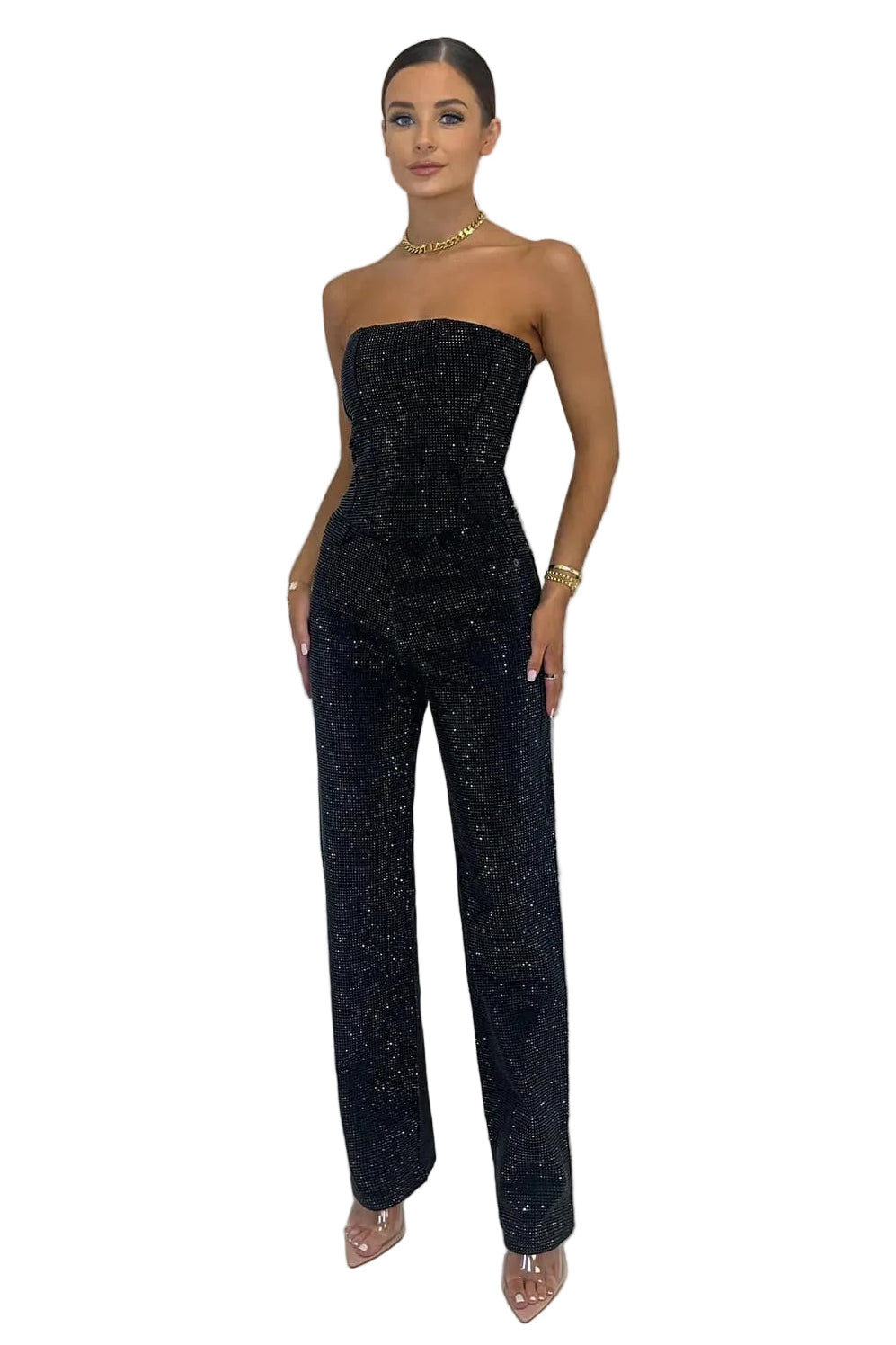Women’s Shimmering Top with High-Waisted Jeans Set 0