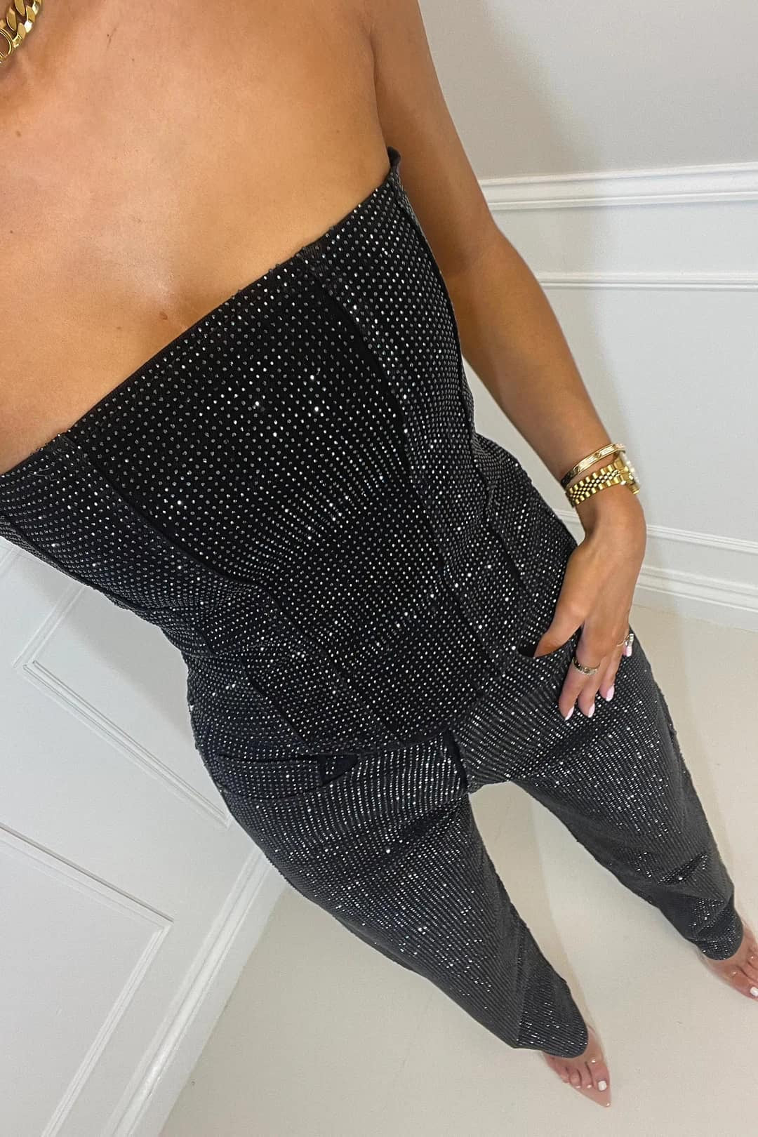 Women’s Shimmering Top with High-Waisted Jeans Set 2