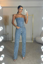 Women’s Shimmering Top with High-Waisted Jeans Set 4
