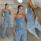 Women’s Shimmering Top with High-Waisted Jeans Set 7