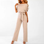 Women’s Short Sleeve Jumpsuit with Boat Neck and Waist Belt 0