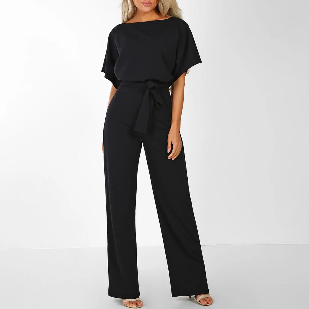 Women’s Short Sleeve Jumpsuit with Boat Neck and Waist Belt 1