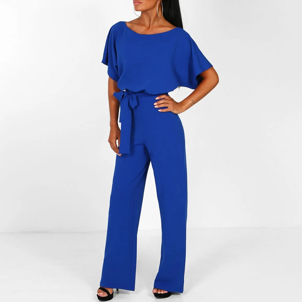 Women’s Short Sleeve Jumpsuit with Boat Neck and Waist Belt 2