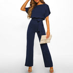 Women’s Short Sleeve Jumpsuit with Boat Neck and Waist Belt 3