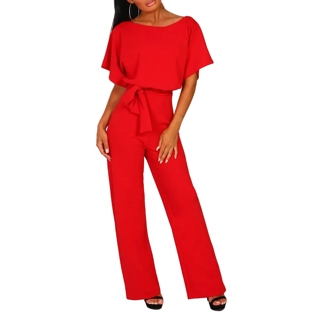 Women’s Short Sleeve Jumpsuit with Boat Neck and Waist Belt 4