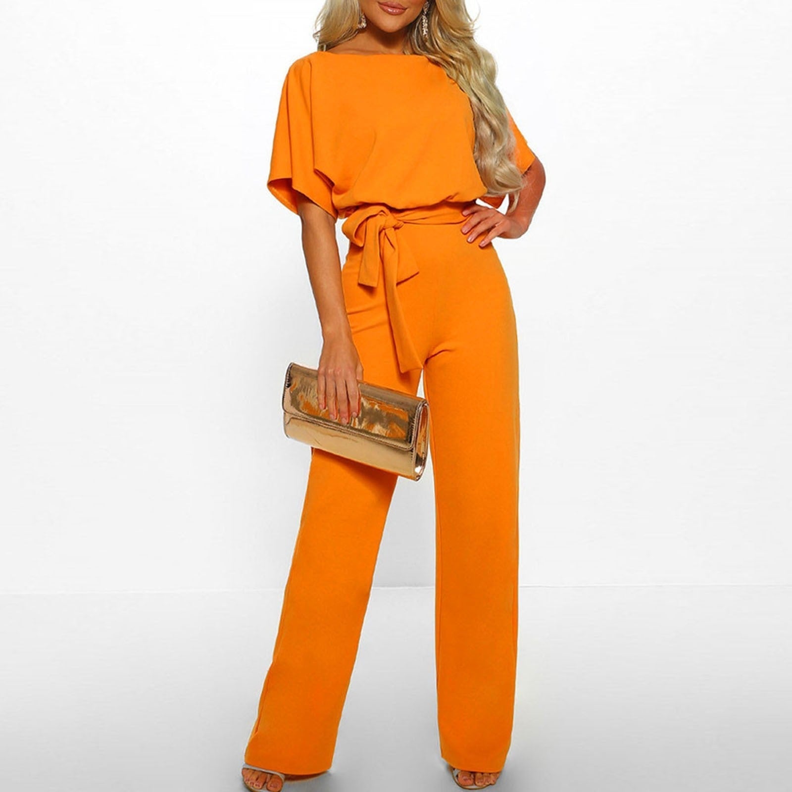 Women’s Short Sleeve Jumpsuit with Boat Neck and Waist Belt 5