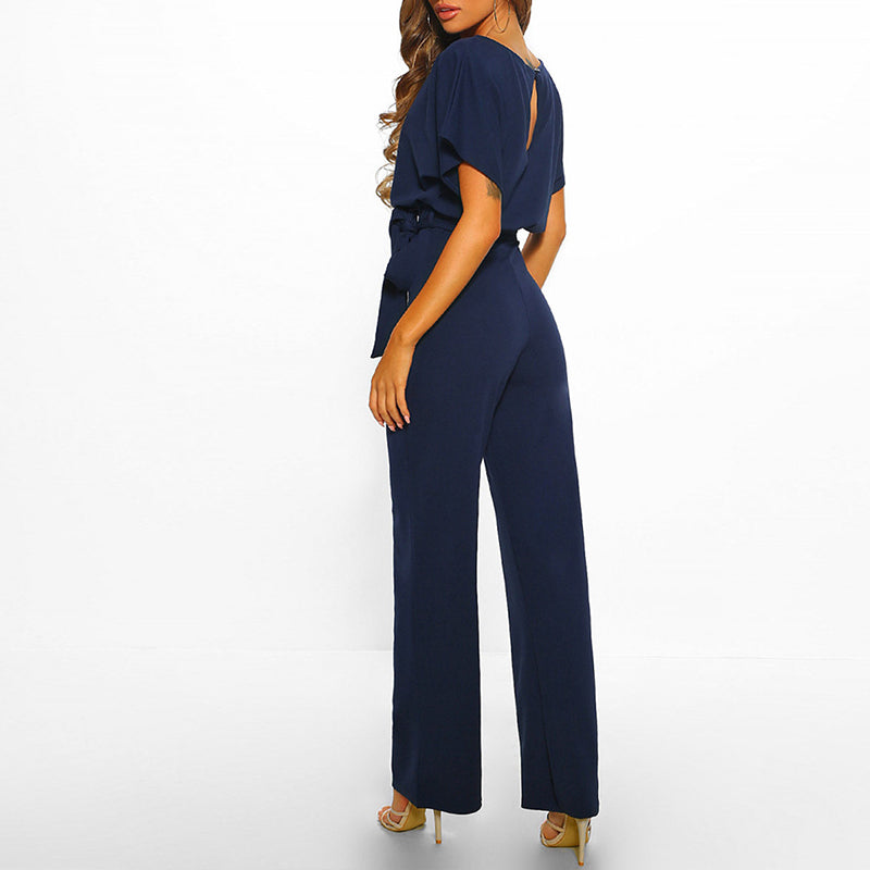 Women’s Short Sleeve Jumpsuit with Boat Neck and Waist Belt 6