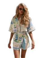 Women’s Short Sleeve Printed Romper with Button Closure and Elastic Waist 0