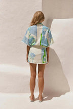 Women’s Short Sleeve Printed Romper with Button Closure and Elastic Waist 1