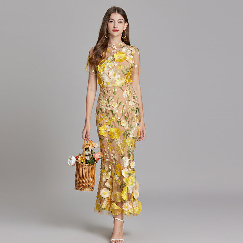 Women’s Short Sleeve Sheer Maxi Dress with Floral Embroidery 0