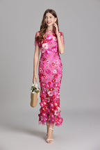 Women’s Short Sleeve Sheer Maxi Dress with Floral Embroidery 1