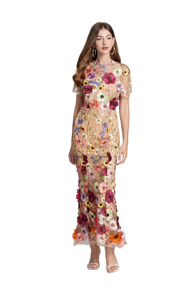 Women’s Short Sleeve Sheer Maxi Dress with Floral Embroidery 10