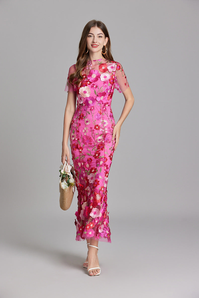 Women’s Short Sleeve Sheer Maxi Dress with Floral Embroidery 2
