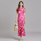 Women’s Short Sleeve Sheer Maxi Dress with Floral Embroidery 3