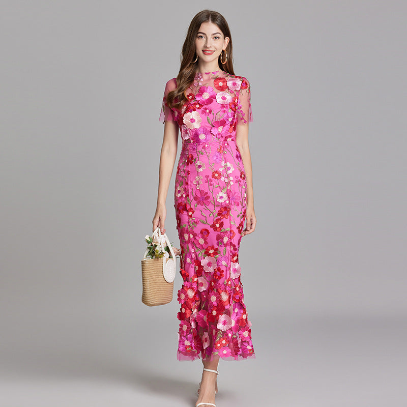 Women’s Short Sleeve Sheer Maxi Dress with Floral Embroidery 3
