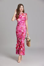 Women’s Short Sleeve Sheer Maxi Dress with Floral Embroidery 4