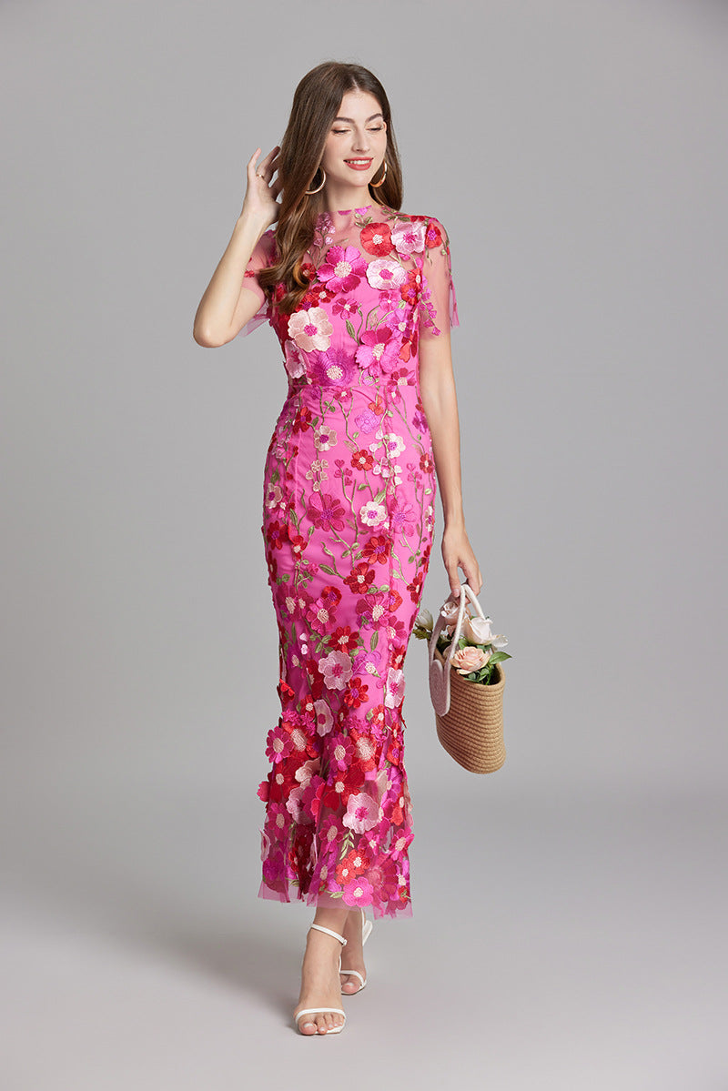 Women’s Short Sleeve Sheer Maxi Dress with Floral Embroidery 4
