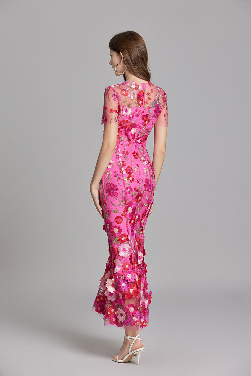 Women’s Short Sleeve Sheer Maxi Dress with Floral Embroidery 5