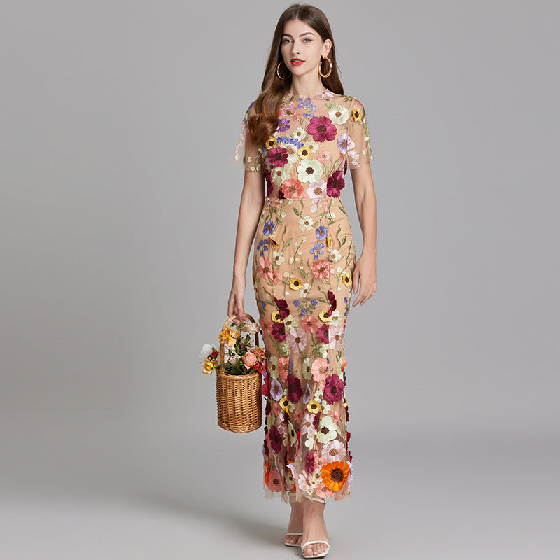 Women’s Short Sleeve Sheer Maxi Dress with Floral Embroidery 6