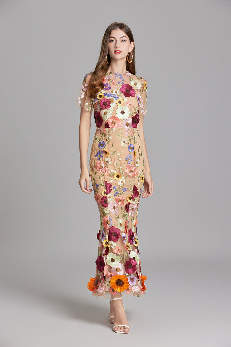 Women’s Short Sleeve Sheer Maxi Dress with Floral Embroidery 7