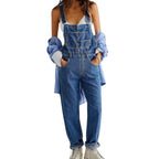 Women’s Sleeveless Denim Jumpsuit with Pockets and Belted Waist 0