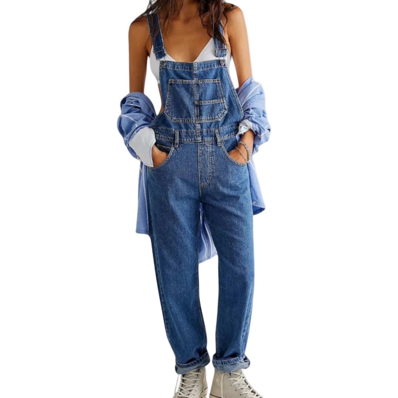 Women’s Sleeveless Denim Jumpsuit with Pockets and Belted Waist 0