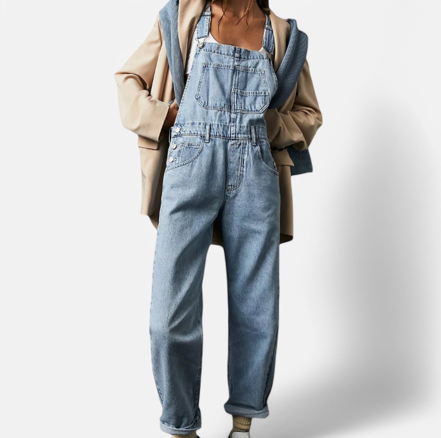 Women’s Sleeveless Denim Jumpsuit with Pockets and Belted Waist 1