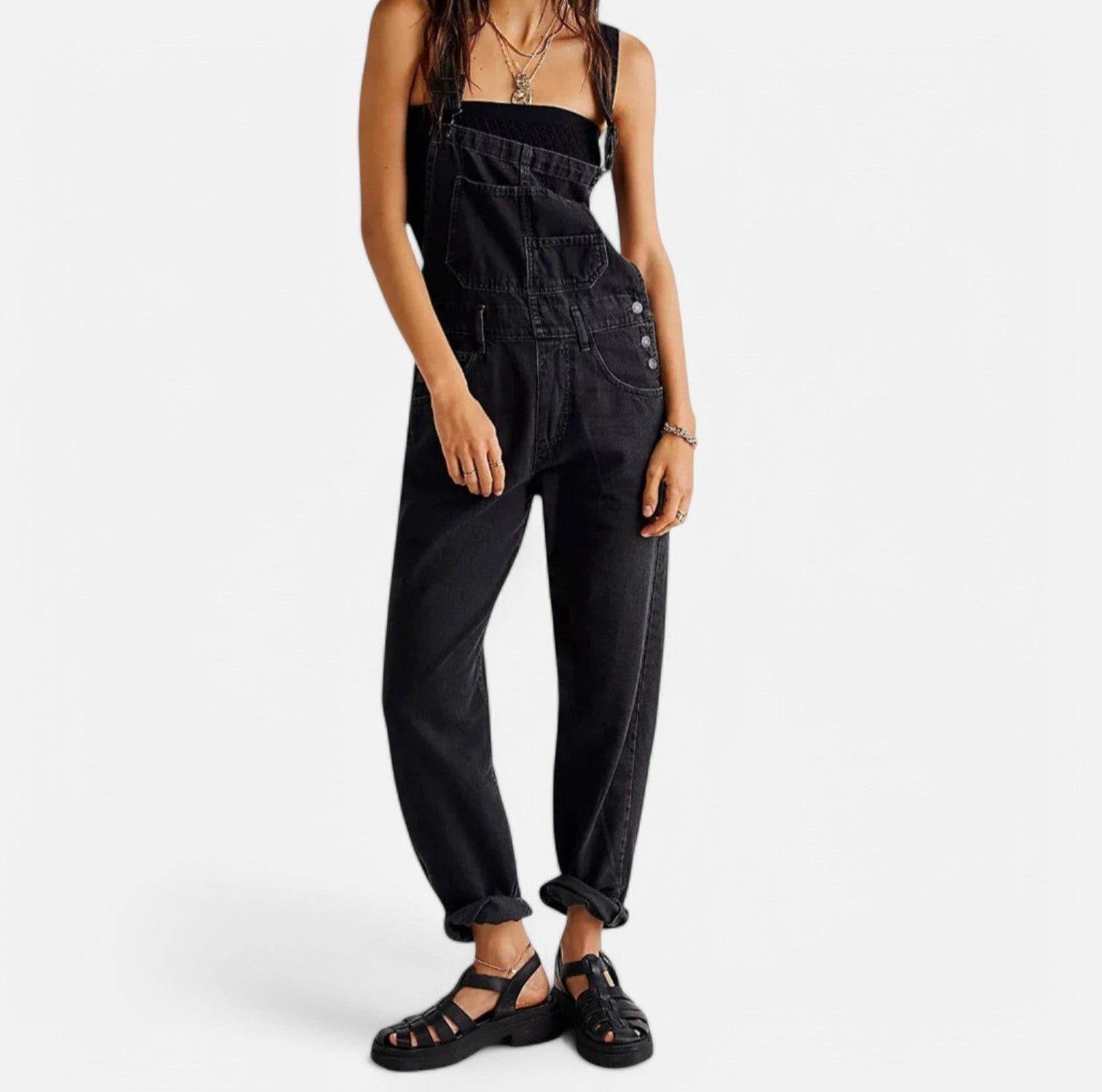 Women’s Sleeveless Denim Jumpsuit with Pockets and Belted Waist 2