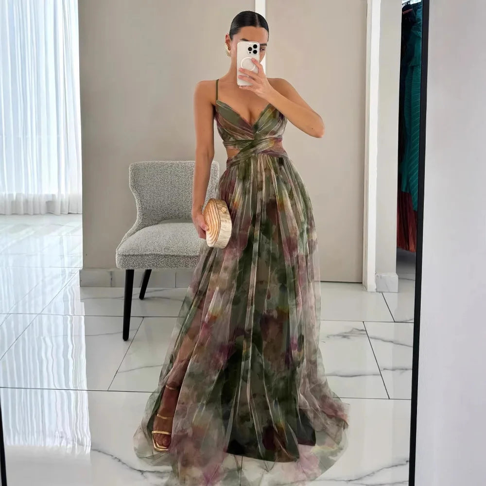 Women’s Sleeveless Floral Formal Dress with Cut-out Detail for Summer 0