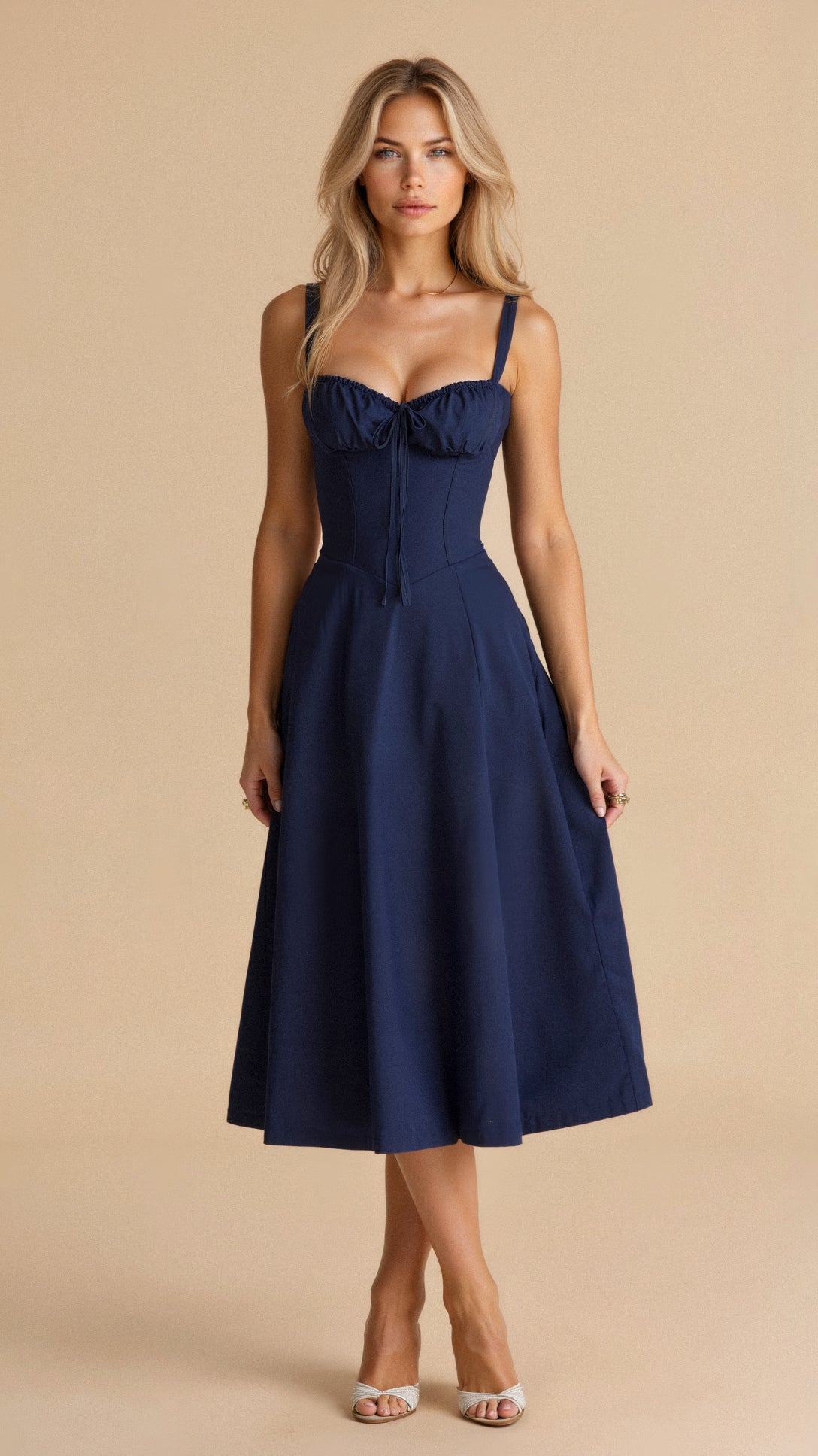 Women’s Sleeveless Midi Dress with Drawstring and Side Zipper 7