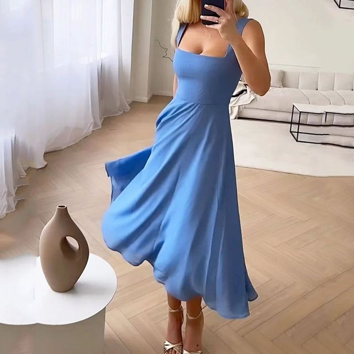 Women’s Sleeveless Midi Dress with Square Neckline and Mid-Length Cut 2
