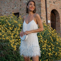 Women’s Sleeveless Mini Dress with Sequined Fabric and Feather Trim 0