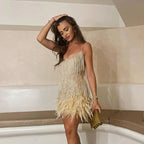 Women’s Sleeveless Mini Dress with Sequined Fabric and Feather Trim 2