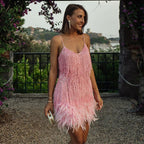 Women’s Sleeveless Mini Dress with Sequined Fabric and Feather Trim 3