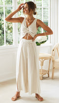 Women’s Sleeveless Two Piece Set with Drawstring Waist and Wide Leg Pants 0