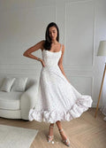 Women’s Sleeveless White Dress with Thin Straps and Ruffled Hem 0