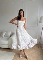 Women’s Sleeveless White Dress with Thin Straps and Ruffled Hem 0
