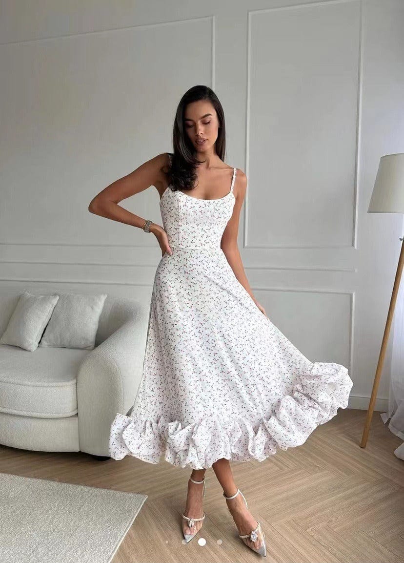 Women’s Sleeveless White Dress with Thin Straps and Ruffled Hem 0