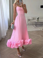 Women’s Sleeveless White Dress with Thin Straps and Ruffled Hem 2