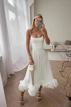 Women’s Sleeveless White Dress with Thin Straps and Ruffled Hem 5