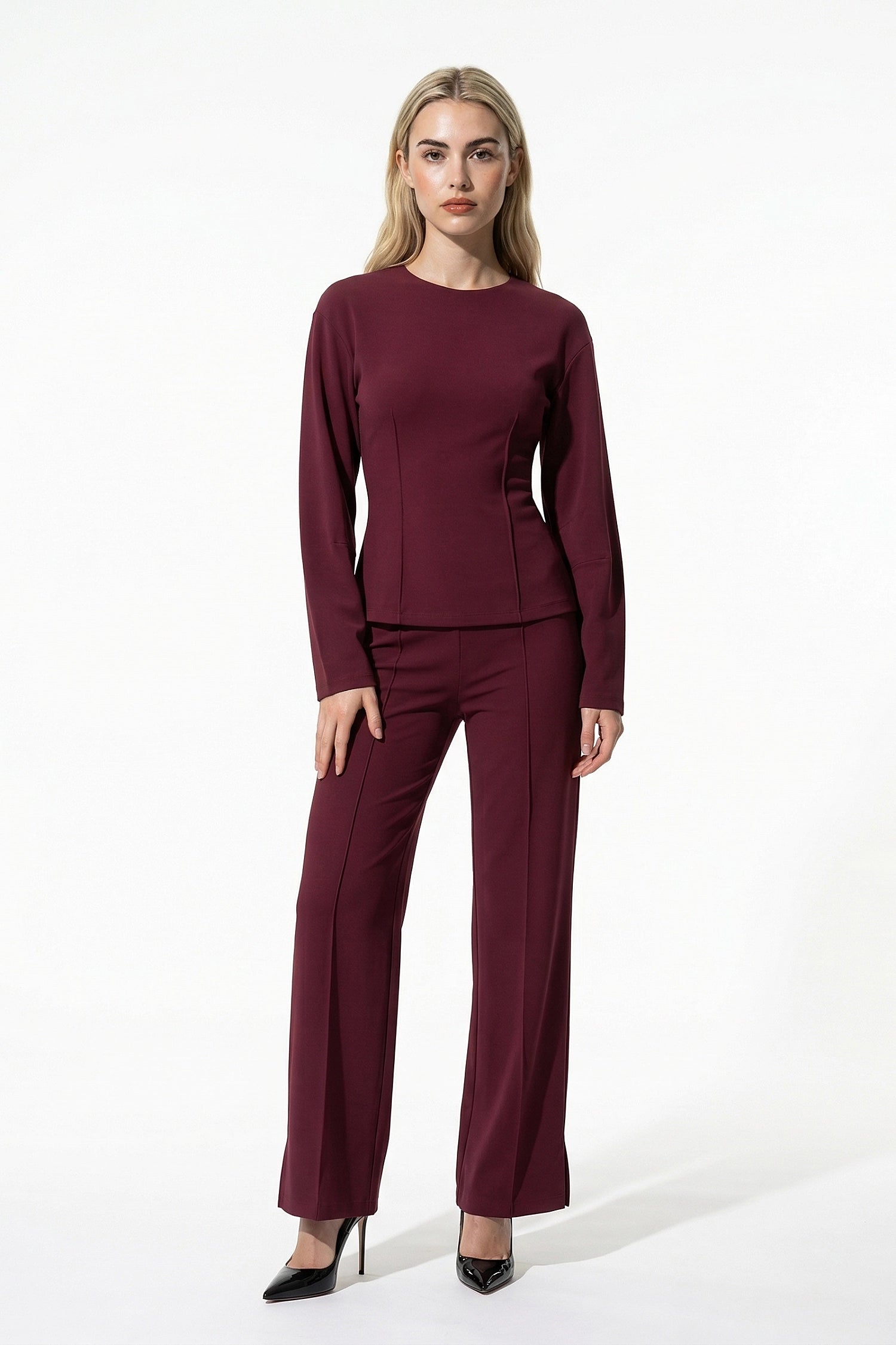 Women’s Slim-Fit Long Sleeve Top and Wide-Leg Trousers Co-Ord Set, Two Piece Set 3