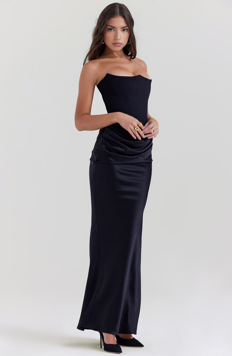 Women’s Strapless Corset Maxi Dress with Fitted Bodice and Floor-Length Skirt 4