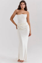 Women’s Strapless Maxi Dress with Draped Hip Detail for Summer Occasions 10