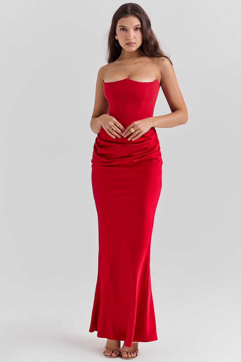 Women’s Strapless Maxi Dress with Draped Hip Detail for Summer Occasions 11