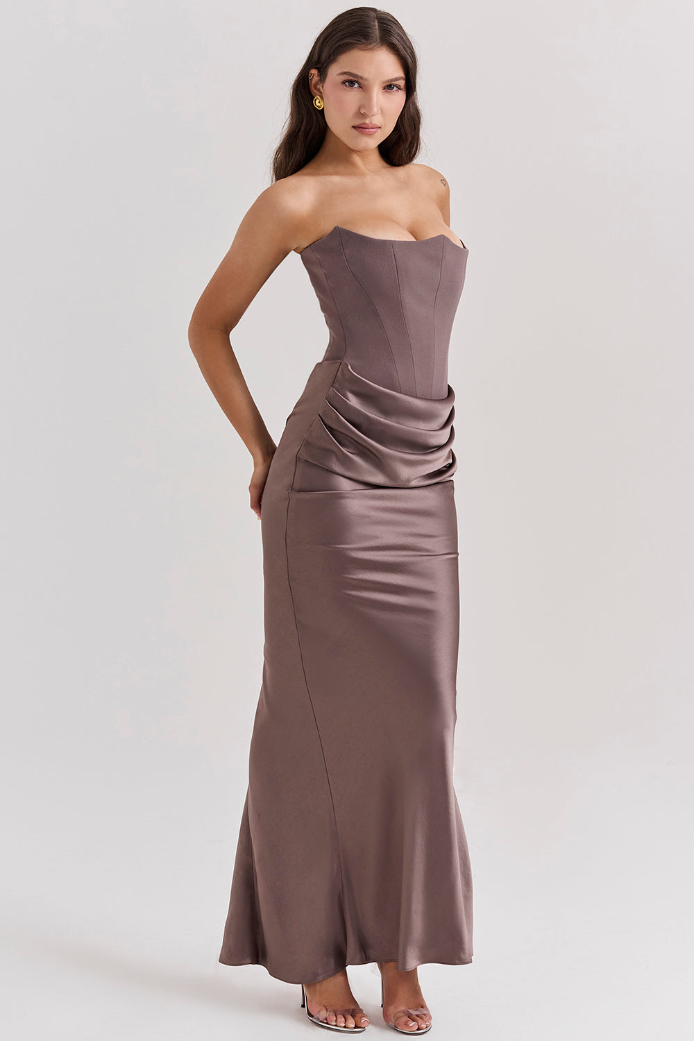 Women’s Strapless Maxi Dress with Draped Hip Detail for Summer Occasions 4