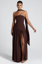Women’s Strapless Maxi Dress with High Slit and Asymmetric Waistline 4