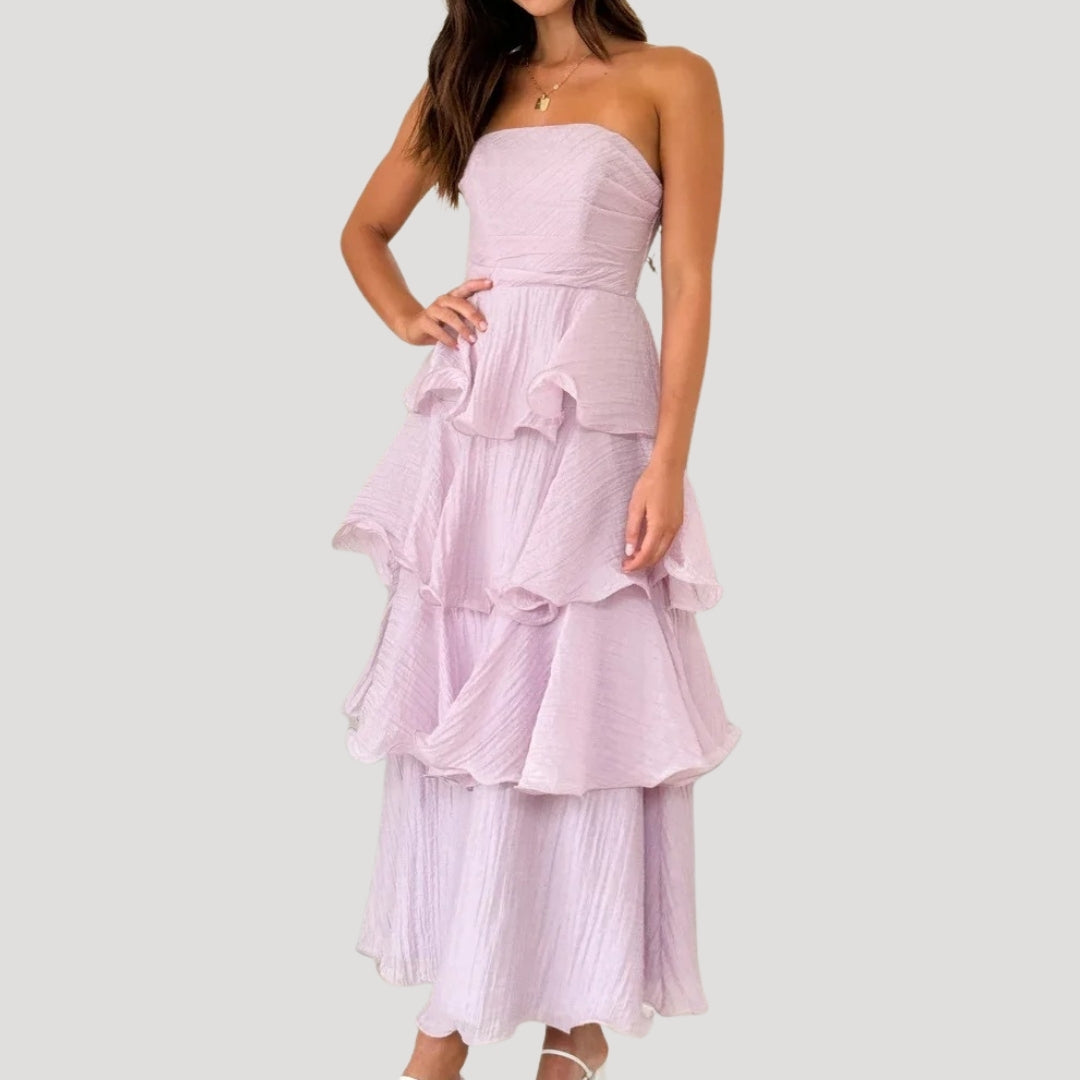 Women’s Strapless Maxi Dress with Ruffle Layers for Summer 2